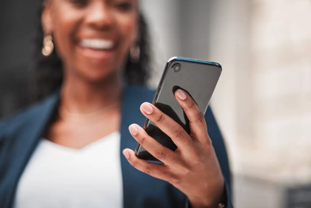 smartphone in hand woman scroll social media and utc ()